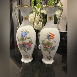 Herend Hungary hand painted pair vase flowers and butterflies
